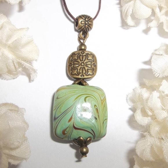 wvluckygirl Jewelry - Boho Green & Brown Bronze Beaded Necklace Jewelry Gift For Her Handmade 6742